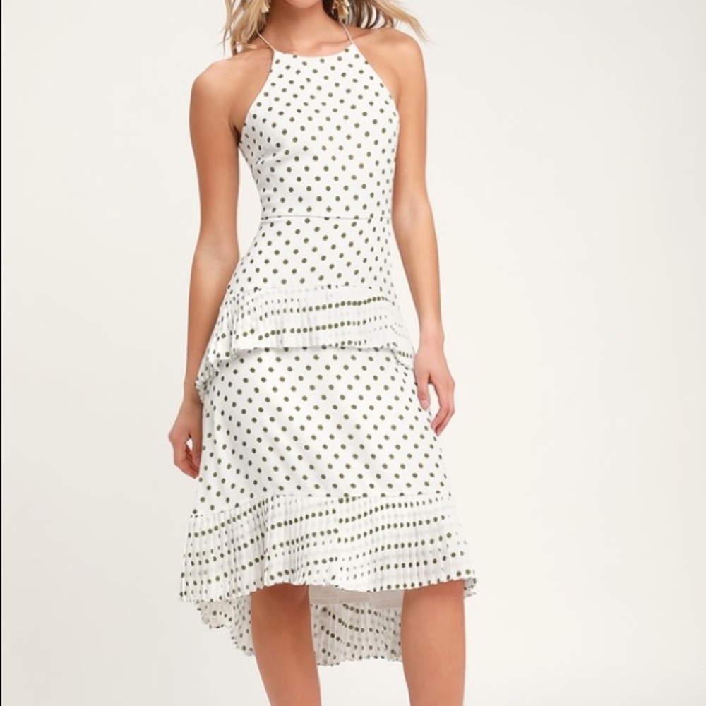 Lulu's White Halter Midi Dress with Olive Polka Dots